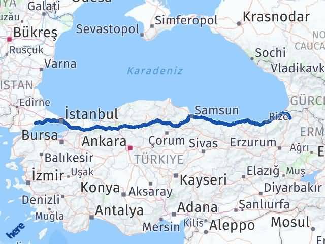 istanbul artvin kaç km