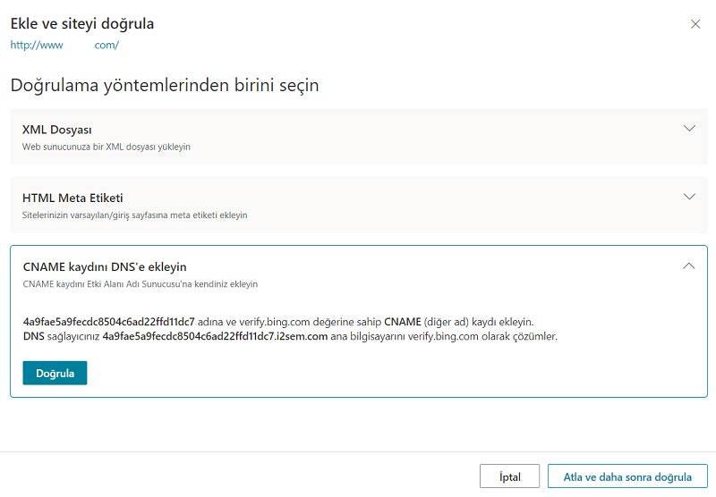 Bing Webmaster Tools Web Sitesi Doğrulama Seçenekleri CNAME Kaydı