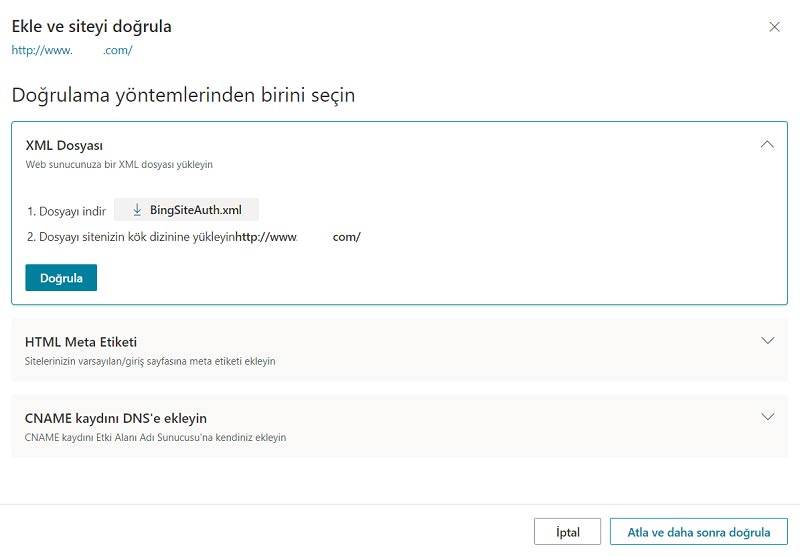 Bing Webmaster Tools Web Sitesi Doğrulama Seçenekleri XML Dosya Yükleme
